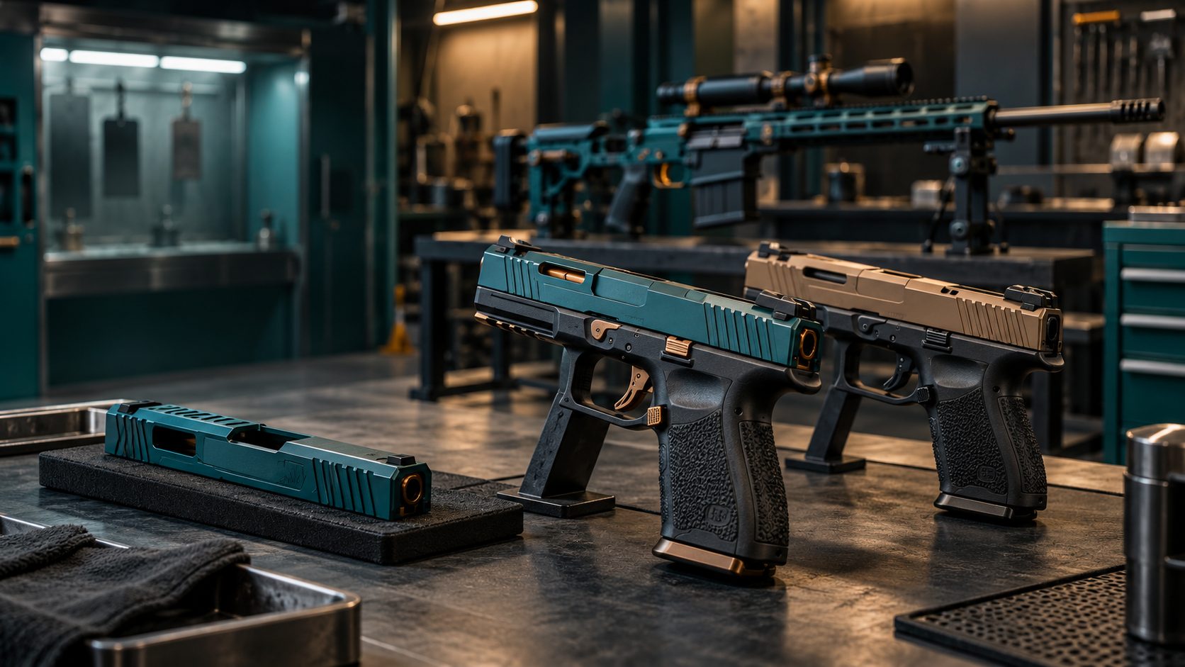 Pistols and a rifle with custom Cerakote finishes on a workbench
