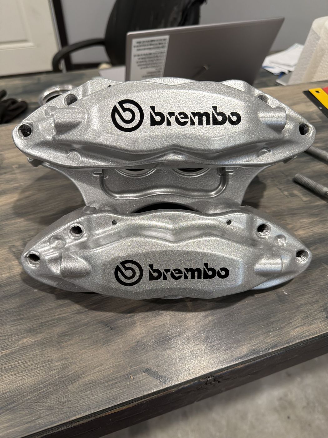 Brembo brake calipers refinished in silver powder coat