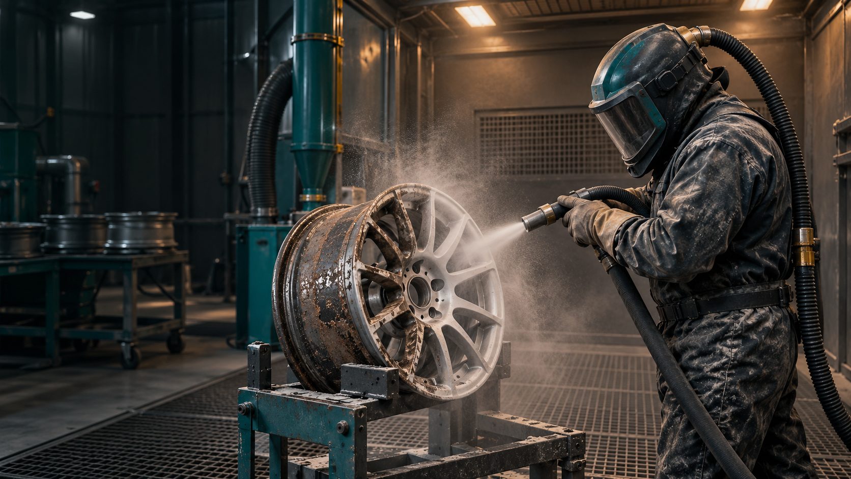 Technician sandblasting a rusty alloy wheel in the Paco's blast booth