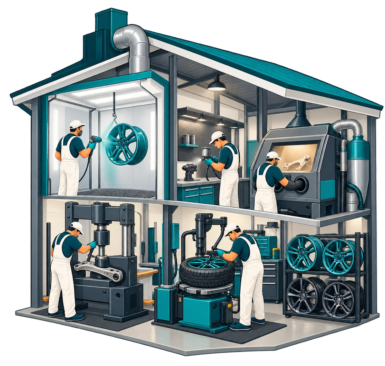 Cutaway illustration of Paco's shop: powder coating booth, Cerakote station, sandblast cabinet, bushing press, wheel and tire machine, and finished wheels